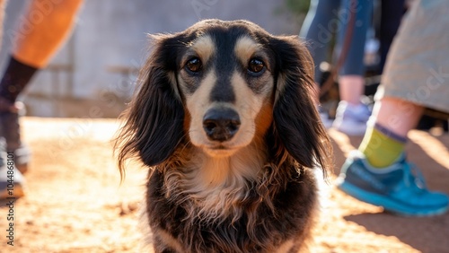 Cute long-haired dachshund on a sunny day, surrounded by people in casual attire. photo