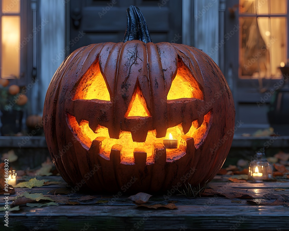 Fototapeta premium A carved pumpkin with a glowing grin, placed on a porch with flickering candlelight inside