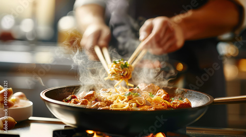 Delicious noodles being served with chopsticks in bustling kitchen, showcasing art of cooking. steam rises, creating inviting atmosphere