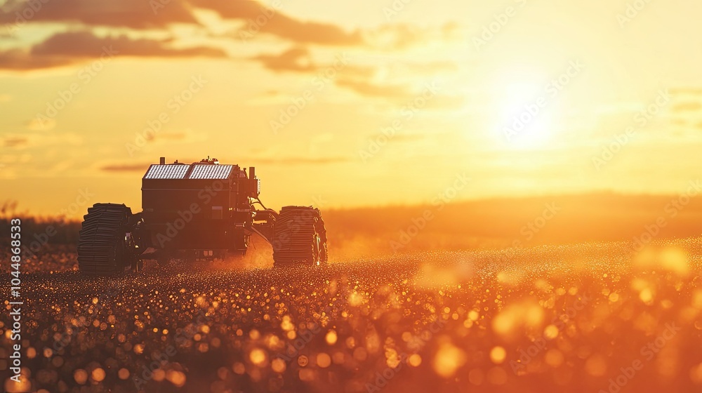 Fototapeta premium A solar-powered robot planting seeds with precision in a field, symbolizing the next generation of sustainable farming technologies.