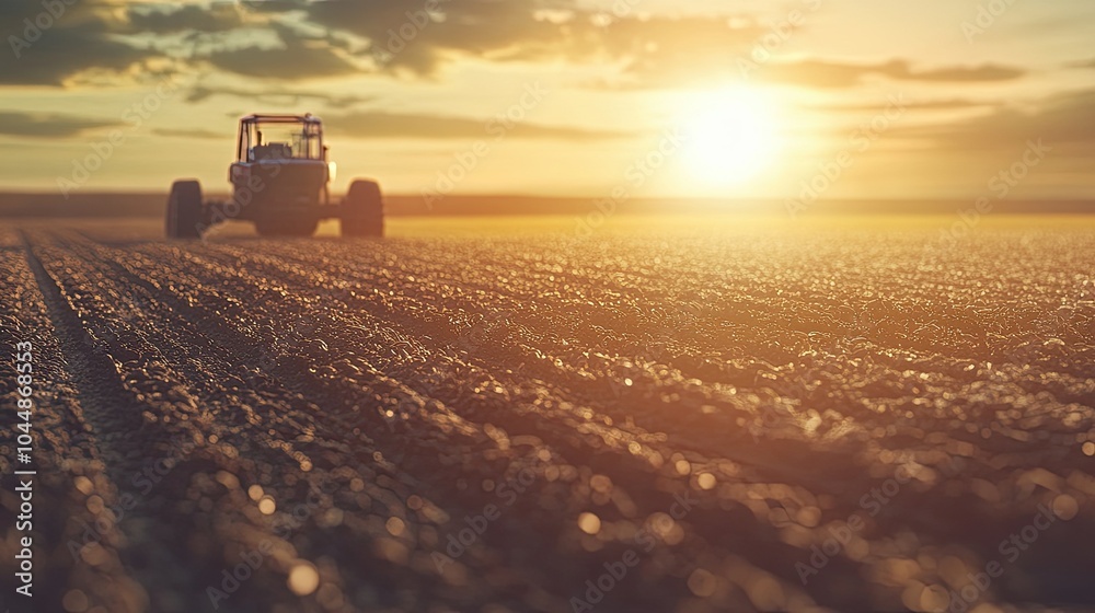 Fototapeta premium A solar-powered robot planting seeds with precision in a field, symbolizing the next generation of sustainable farming technologies.