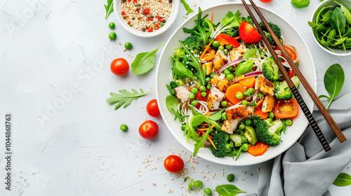 Fresh and vibrant salad featuring grilled chicken, mixed greens, cherry tomatoes, and broccoli, served with chopsticks. healthy and colorful meal option