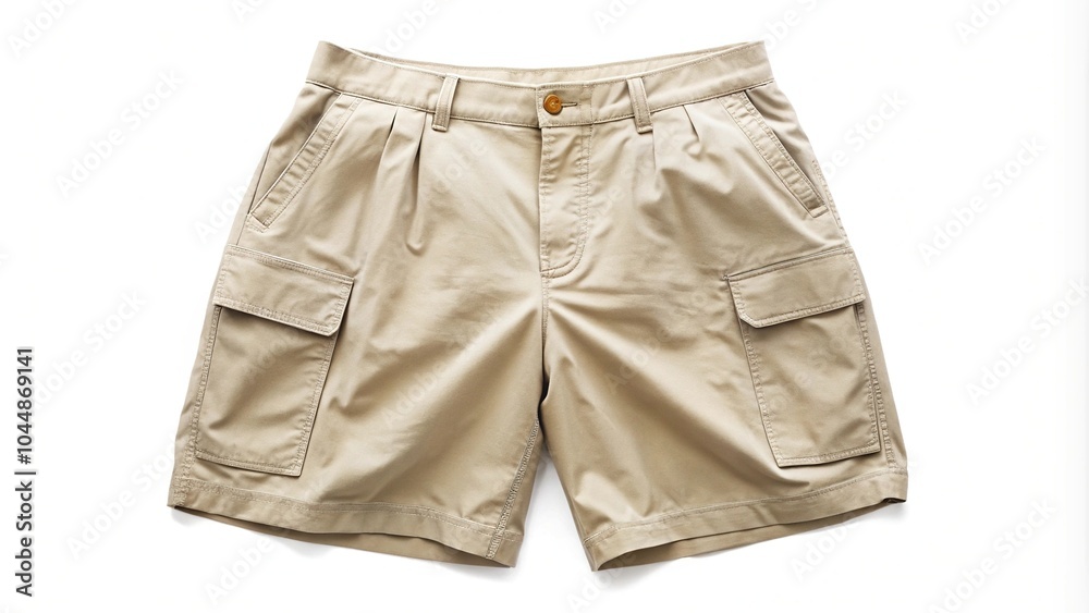Simple and versatile beige shorts with pockets on a white background Simple and versatile beige shorts with pockets on a white background