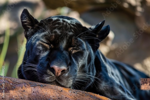 A close-up of a black panther, resting its head on a rough surface