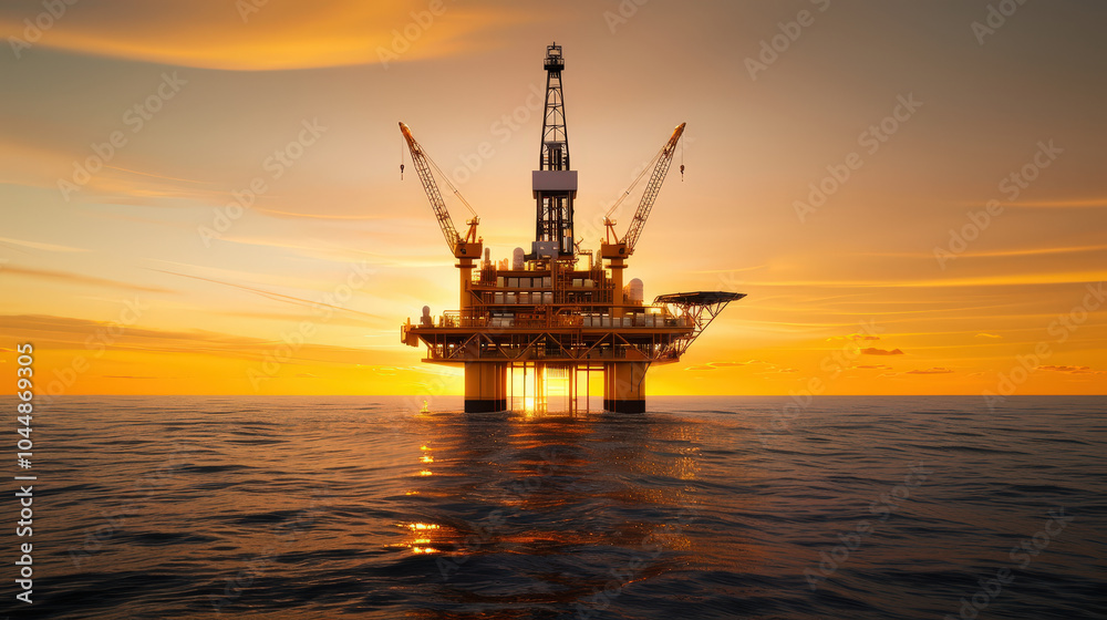 Offshore oil drilling platform illuminated by sunset over ocean, showcasing its structure and machinery against vibrant sky. scene evokes sense of industry and tranquility Offshore oil drilling platform illuminated by sunset over ocean, showcasing its structure and machinery against vibrant sky. scene evokes sense of industry and tranquility