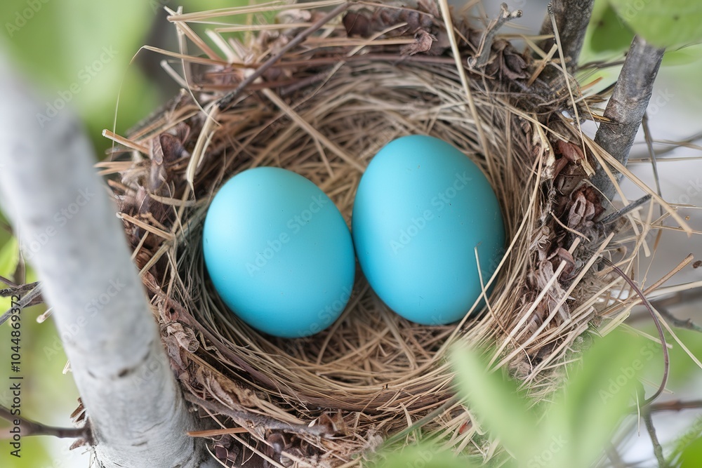 A nest made of twigs and straw, with two vibrant blue eggs placed side by side A nest made of twigs and straw, with two vibrant blue eggs placed side by side