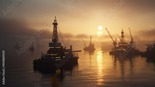 Offshore oil drilling platform illuminated by sunset, surrounded by other rigs in serene water setting. scene captures beauty of industrial activity at dusk