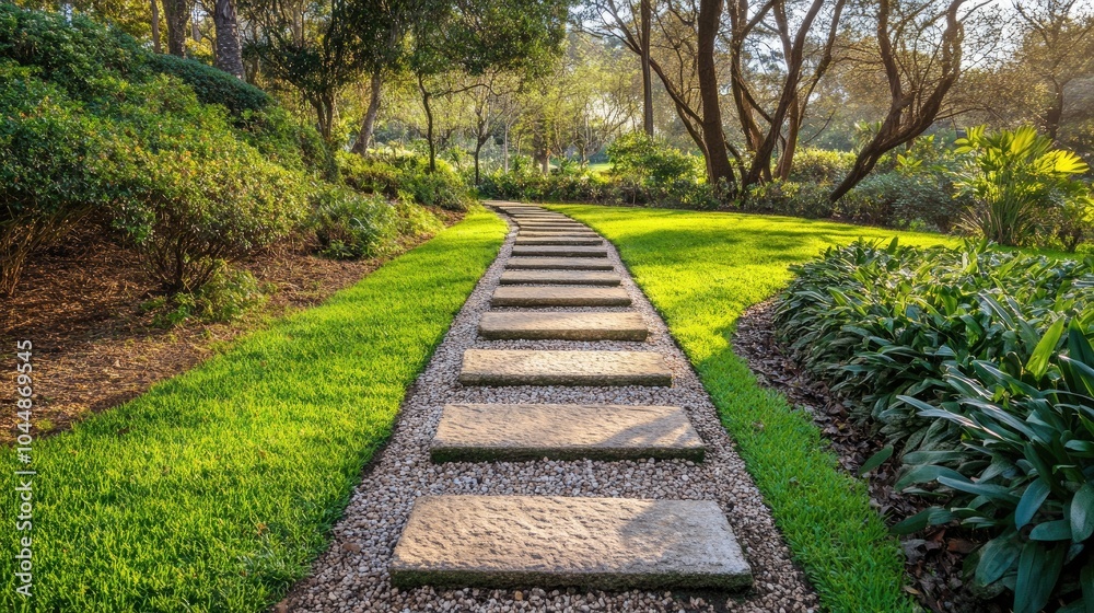 Serene Garden Pathway in Natural Landscape Serene Garden Pathway in Natural Landscape
