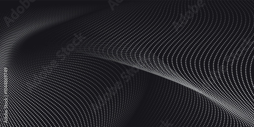 A dynamic particle waves within a halftone gradient create a fluid dot curve set on a transparent background for technology, sound, music.