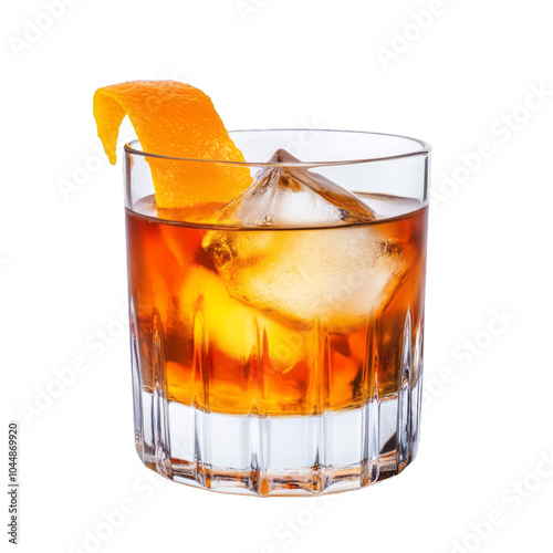 Golden brown old fashioned cocktail with an orange peel and a single ice cube isolated on a transparent background 