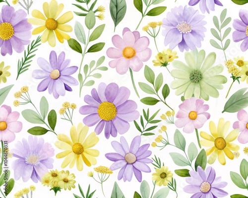 Colorful floral seamless pattern with flowers and green leaves in rustic provence style, watercolor on ivory background for textile, wallpaper or wrapping paper. Watercolor wildflower border garden