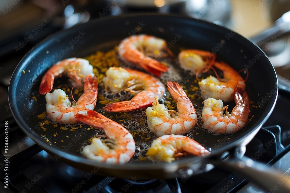 Close-up fried shrimps in oil on pan with spices Close-up fried shrimps in oil on pan with spices