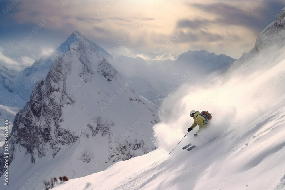 Skiers athletes compete going down from ski mountain. AI generated. Skiers athletes compete going down from ski mountain. AI generated.