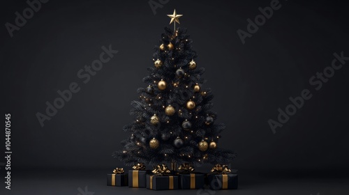 A black and gold Christmas tree with gold ornaments and a gold star on top