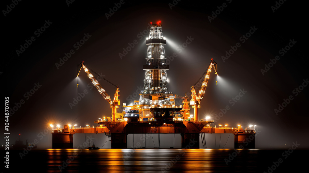 Fototapeta premium Offshore oil platform illuminated at night, showcasing industrial engineering and technology. bright lights reflect on water, creating striking visual