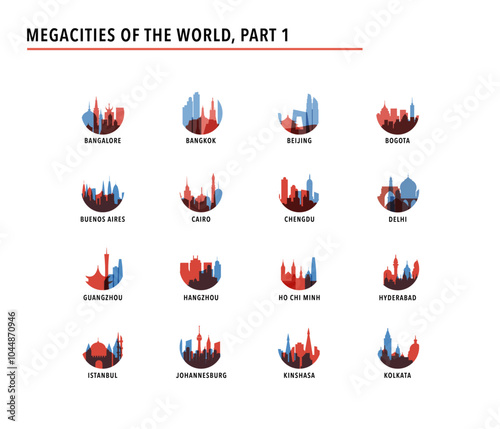 Collection of megacities logos, icons for infographics, index, presentation, ranking - Bangalore, Bangkok, Beijing, Bogota, Buenos Aires, Cairo, Delhi, Guangzhou, Istanbul, Kolkata