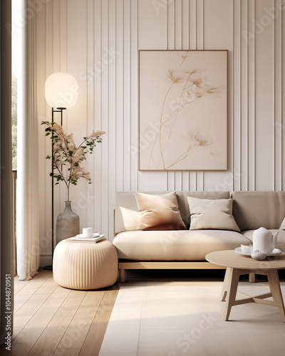 Living room interior in modern and classic styles with wooden panneling, bronze decor accent and large art. Neutral and light colors interior with wooden wall panels