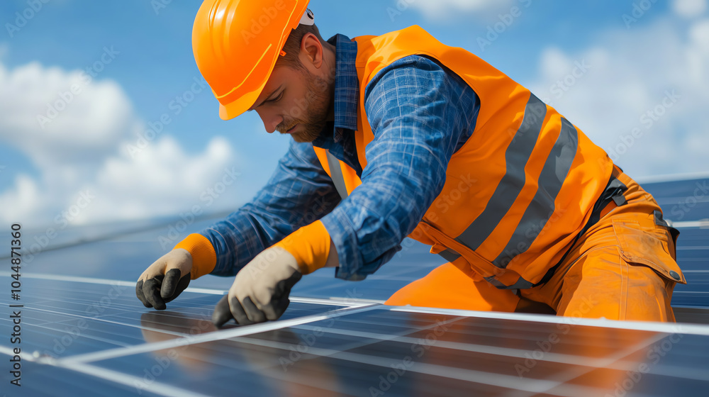 A worker in a safety helmet and reflective vest installs solar panels on a rooftop under a bright blue sky, showcasing the renewable energy sector. A worker in a safety helmet and reflective vest installs solar panels on a rooftop under a bright blue sky, showcasing the renewable energy sector.