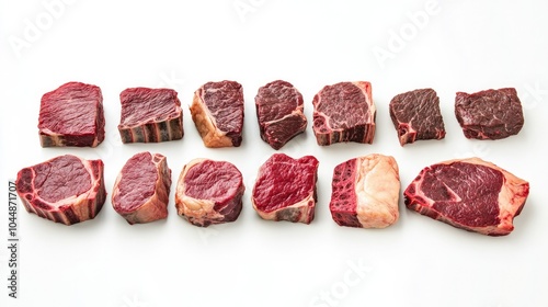 A set of beef cuts labeled with their names, such as short ribs and fillet, arranged neatly on a white background for instructional purposes. photo