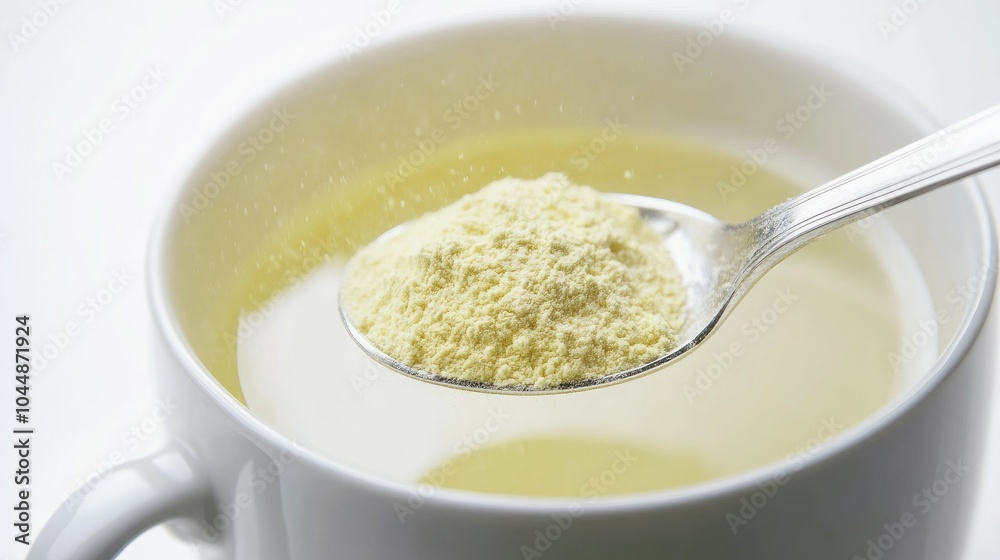 A spoonful of lemon powder being stirred into a cup of hot water, the powder dissolving into the liquid, on a pristine white background. Refreshing and healthy. A spoonful of lemon powder being stirred into a cup of hot water, the powder dissolving into the liquid, on a pristine white background. Refreshing and healthy.