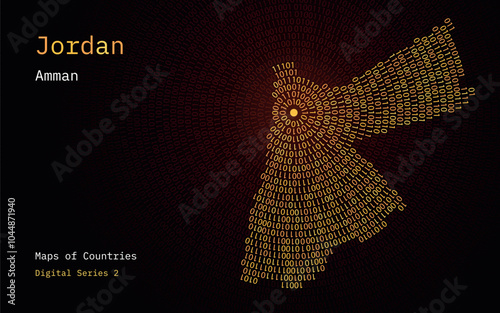 A map of Jordan depicted in zeros and ones in the form of a circle. The capital, Amman, is shown in the center of the circle