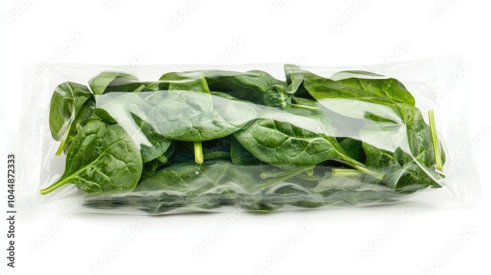 A transparent plastic bag of spinach salad with a crisp clipping path, set against a white background for easy use in food marketing. A transparent plastic bag of spinach salad with a crisp clipping path, set against a white background for easy use in food marketing.