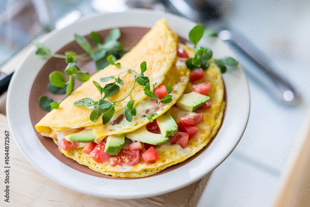 Served omelet with avocado cheese and tomatoes Served omelet with avocado cheese and tomatoes