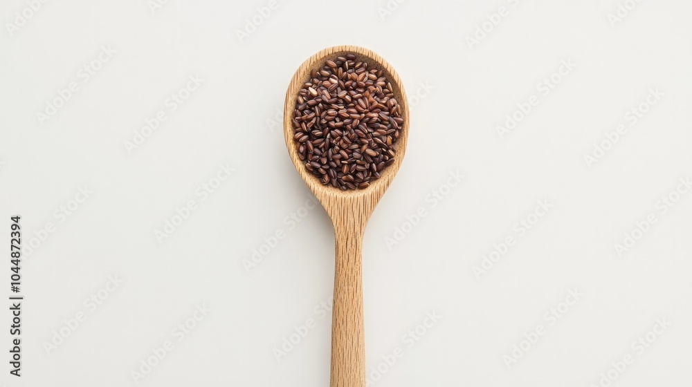 A wooden spoon filled with uncooked riceberry rice, placed against a minimalist white background. Rustic and wholesome. A wooden spoon filled with uncooked riceberry rice, placed against a minimalist white background. Rustic and wholesome.