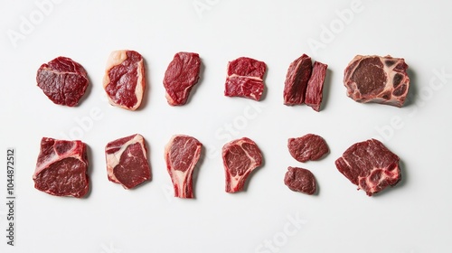 Labeled beef cuts like chuck, ribeye, and brisket laid out flat on a clean white background, offering a clear guide to different meat types. photo