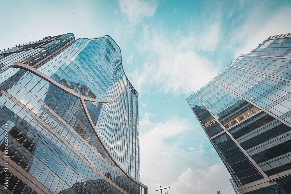 Fototapeta premium Two modern skyscrapers, both with a predominantly glass facade