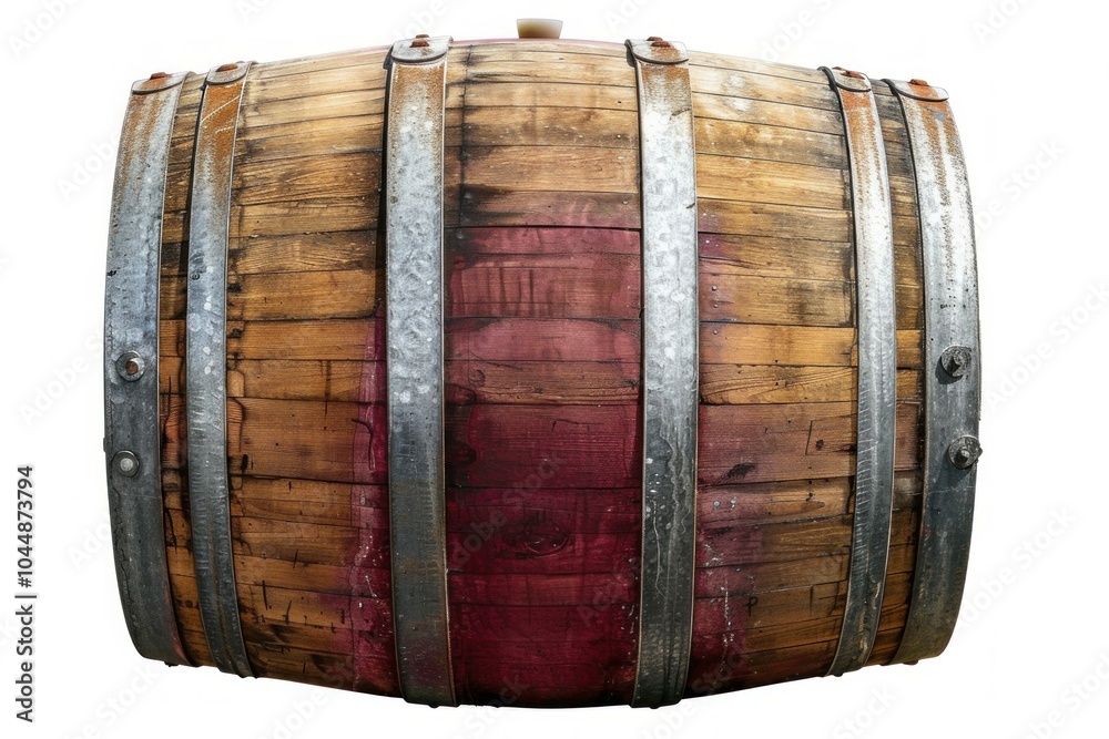 Old wood wine barrel with metal bands is lying on its side, stained with the remnants of red wine Old wood wine barrel with metal bands is lying on its side, stained with the remnants of red wine