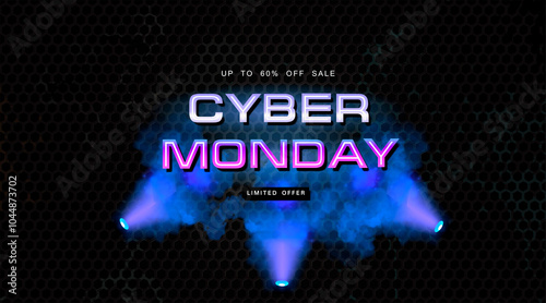 Cyber Monday. Advertising banner with neon sign and blue puffs smoke on dark cyber background. Cyber monday promotion with advertising neon sign. Big discounts and sales. Blow to prices