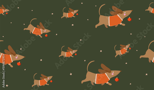 Cute Christmas Wallpaper with Dachshund Dog Running with Red Bauble. Funny Dog in Santa Costume Isolated on a Dark Green Background. Winter Holidays Print. Christmas  Seamless Vector Pattern. 