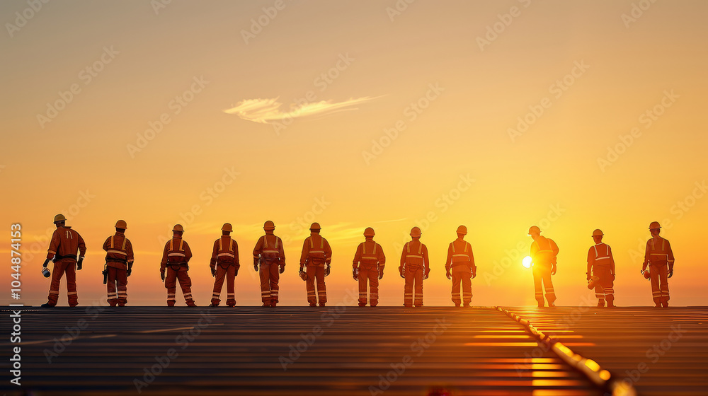 Fototapeta premium Sunset silhouettes of oil platform workers in safety gear, standing in line, showcasing teamwork and dedication during safety inspection. warm glow of sun enhances scenes emotional impact