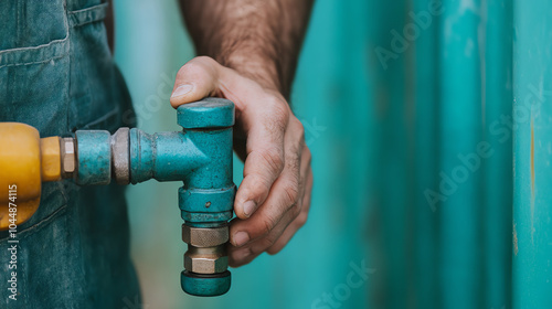 A worker's hand holds a blue pipe fitting against a turquoise backdrop, showcasing craftsmanship and attention to detail in plumbing work. photo