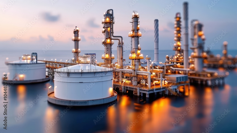 Fototapeta premium Oil refinery plant surrounded by large storage tanks, illuminated at dusk, showcasing industrial architecture and technology. scene reflects serene yet powerful energy production environment