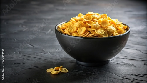 Simple breakfast setup in a black bowl filled with corn flakes photo