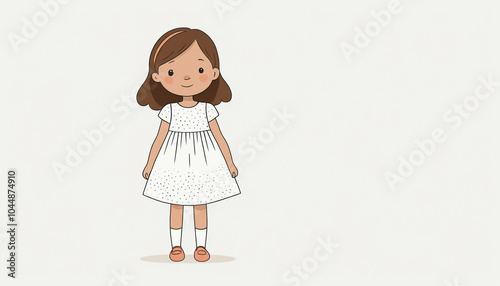 Minimalist Cartoon Little Girl Illustration on White Background.