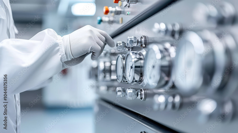 technician in protective suit is adjusting gauges on control panel in cleanroom environment, showcasing precision and attention to detail in high tech setting
