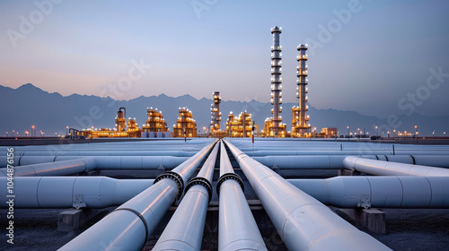 Pipelines stretch across barren landscape, leading to petrochemical facility illuminated against twilight sky, showcasing industrial infrastructure and mountainous backdrop