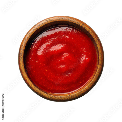Spicy sriracha sauce with a vibrant red color in a wooden bowl top view isolated on a transparent background 