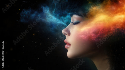 serene profile of woman with colorful cosmic elements swirling around her head, symbolizing creativity and imagination. vibrant colors evoke sense of wonder and inspiration