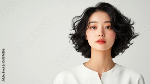 A Japanese womanin her 30s with shoulder-length soft curls and layered hair, dressed in a chic casual outfit photo