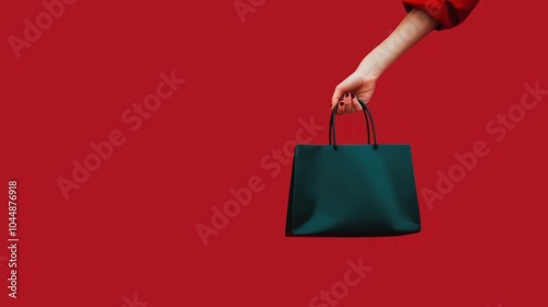 Hand holds a green holiday package with purchases for Christmas, New Year.