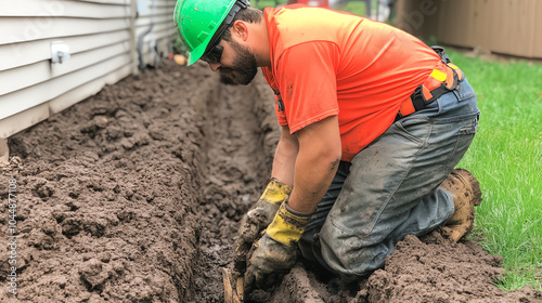 Construction worker digging a trench in backyard. Wearing safety gear, focused on work. Soil and grass around creating an outdoor scene.