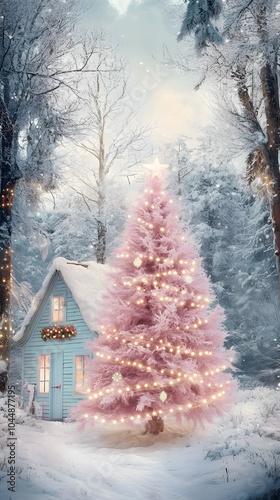 Oil painting of a Christmas tree farm with a pink house and string lights in the background, set against a snowy landscape