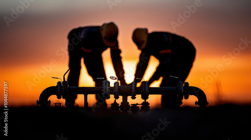 Workers are performing checks on industrial equipment during sunset, silhouetted against vibrant sky. Their focus and teamwork highlight importance of safety and precision in petrochemical industry