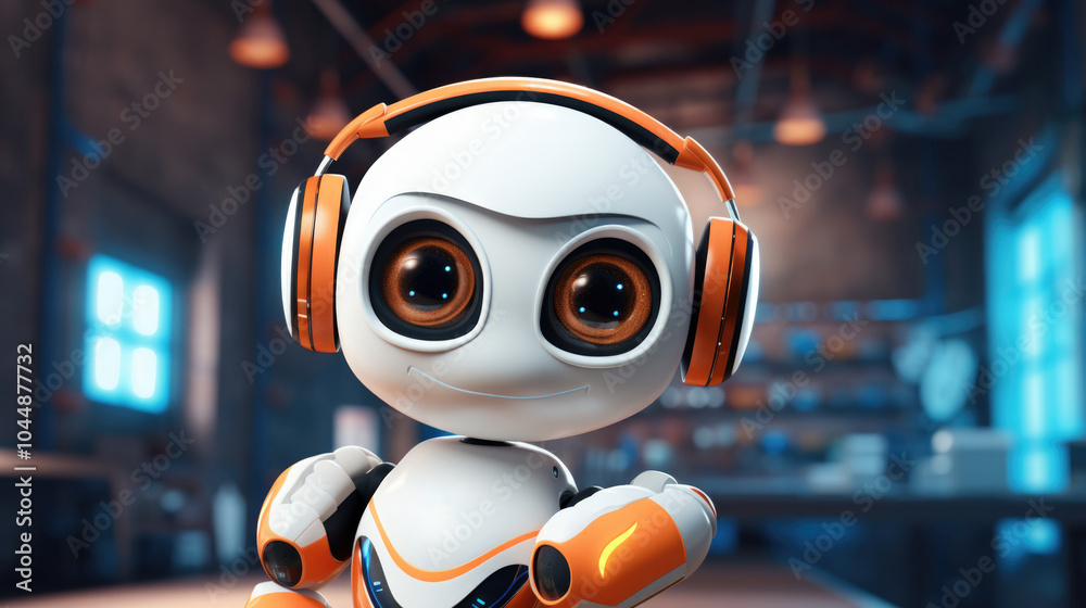 Smiling robot in headphones in a futuristic lab, concept of AI technology, background
