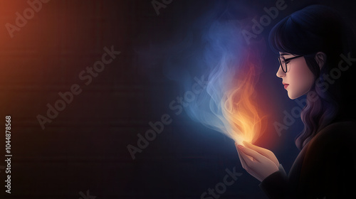 woman with glasses is holding glowing flame in her hands, surrounded by colorful smoke. image conveys sense of wonder and magic, blending warm and cool tones