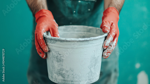 Man holding a paint bucket with red gloves against a colorful wall. Perfect for DIY and home improvement themes. photo